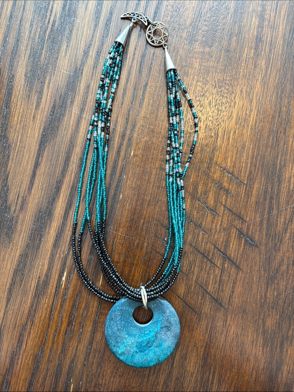 Handcrafted Teal & Black Beaded Pendant Necklace